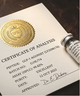 Official HPLC Assay Certificate on leather desk with gold seal